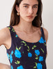 scoop neck fishtail godet midi sundress in black floral print