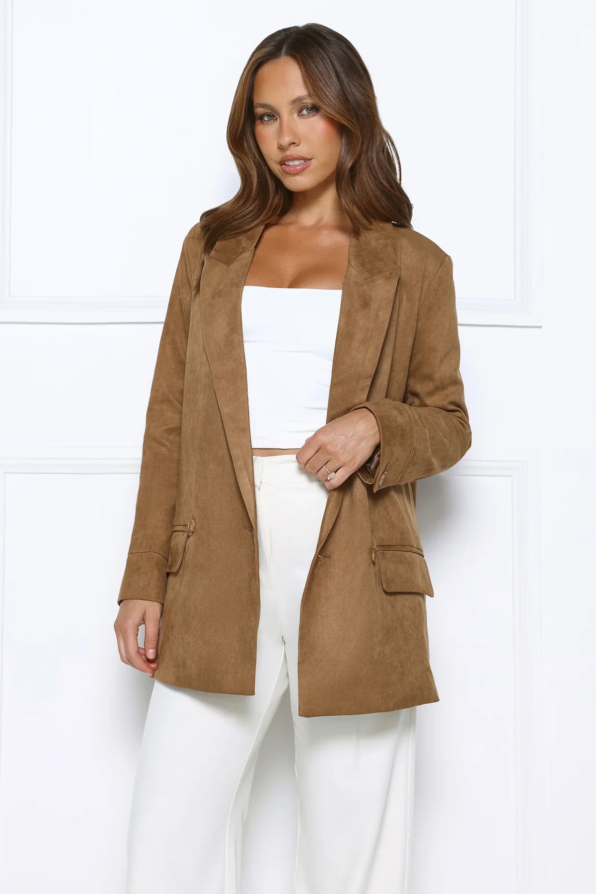 Effortlessly Professional Suede Long Sleeve Blazer Brown
