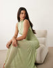 ruched drop waist circle dress with grown in neck in sage green