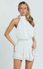Bryonie Mini Dress - Backless Halter Dress in Ivory With Black Polka Dot