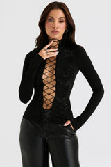 black crystallised lace up top