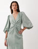 YAS knot front volume sleeve satin midi dress in milieu green