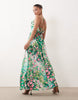 Hope & Ivy Petite cowl neck tie back slit front satin maxi dress in green garden floral