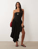 textured midi dress with high low hem in black