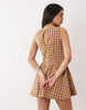 waisted V-neck mini sundress with seaming details in brown and pink check
