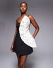 Premium pearl embellished bonded mini dress with pleat detail in black and cream scuba-style fabric