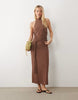 halter neck midaxi dress with front twist detail in chocolate