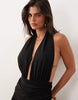 The Frolic exclusive plunge halterneck shirred detail low back thigh split maxi dress in black