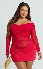Jade Mini Dress - Long Sleeve Off Shoulder Draped Bias Cut Dress in Red
