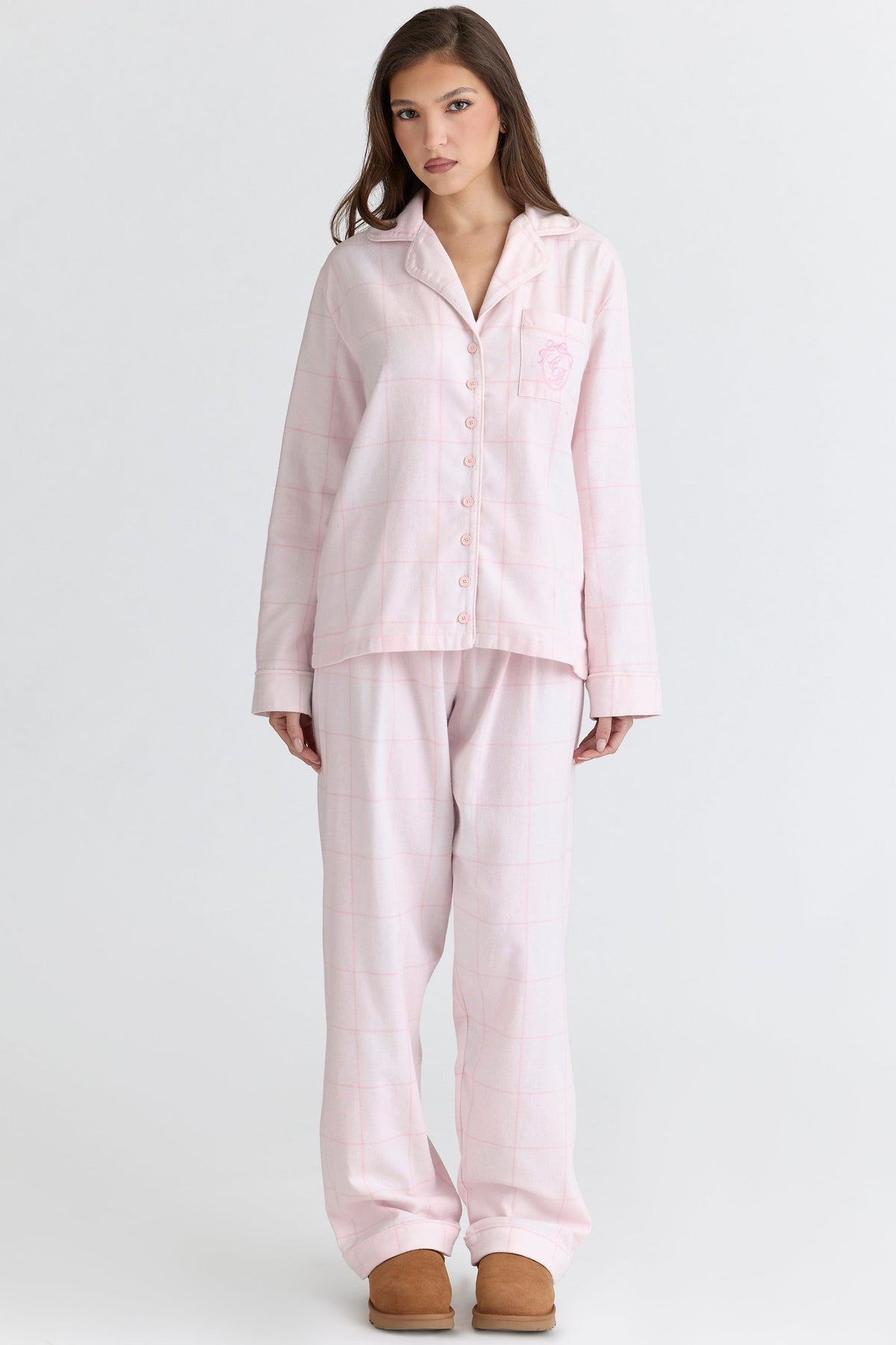 pink check brushed cotton pajama set