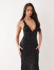 Oh Polly premium embellished plunge tie back floral detailing maxi dress in black