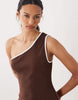 structured rib knit one shoulder mini dress in chocolate