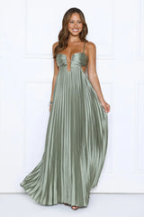 Just One More Look Satin Pleated Maxi Dress Sage