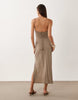 Mango square neck slit hem midi dress in beige
