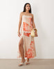 bias cut double layer lace appliqué satin cami maxi dress in orange oversized floral print