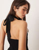 cotton linen blend halter neck midi sundress with sculpted bust in black