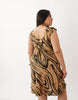 Curve mini dress with cap sleeves in brown abstract print