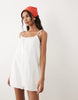 poplin puff mini sundress with tie straps in white