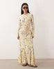 round neck maxi dress in yellow floral print