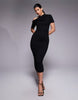 pleated shoulder midi pencil dress in black