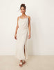 linen mix twist shoulder detail midi dress with ruching in oat