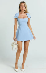 Yuna Mini Dress - Cap Sleeve Open Back Fit And Flare Tulip Dress in Blue