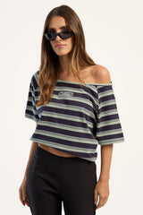 Rusty It's Not On Purpose Off Shoulder Tee Yellow/Navy Stripe