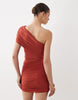 SNDYS premium jersey one-shoulder mesh insert mini dress in rust