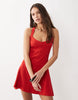 rib knit seam detailing halter neck mini dress in red
