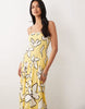 tie back crinkle cami midi dress with asymmetric waist in yellow sketch floral print
