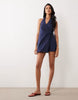 cotton-linen blend halter neck wrap mini sundress in navy