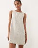 slash neck twill mini dress with pearl embellishment in washed gray