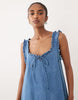 denim frill detail mini dress with pockets in mid blue