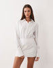 Aria Cove fitted deep cuff mini shirt dress in white pinstripe