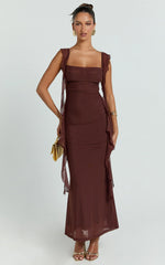 Rosha Midi Dress - Ruffle Strap Dress in Chocolate