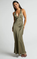 Khalani Maxi Dress - Deep V Neck Satin Slip Dress in Dark Olive