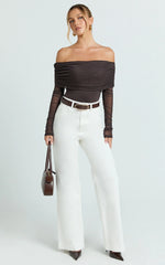 Jaythen Bodysuit - Long Sleeve Off Shoulder Ruched Mesh Bodysuit in Chocolate