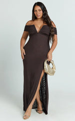 Alessia Maxi Dress - Off Shoulder Ruched Bodycon Dress in Chocolate