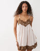 V-neck cami mini dress with lace trim in pink and mocha stripe