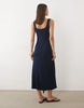 square neck with tie detail midi dress in navy