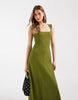 square neck seam detailing midaxi dress in khaki green