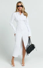 Genevieve Midi Dress - Slim Shirt Dress in White
