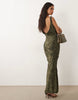 raw seam cowl back devore maxi dress in green