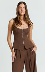 Xandria Top - Scoop Neck Hardware Zip Front Vest Top in Brown