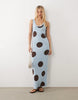 knit maxi dress in blue polka dot