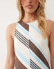sleeveless maxi dress in blue, brown and cream stripes