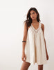 v-neck poplin mini smock sundress with lace overlay in bone
