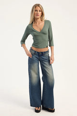 Rusty Rikki V Neck Jersey Top Khaki
