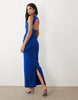 Vesper bengaline open back high neck maxi dress in cobalt