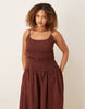 Curve crinkle midaxi sundress with shirred dropped waist in warm chocolate
